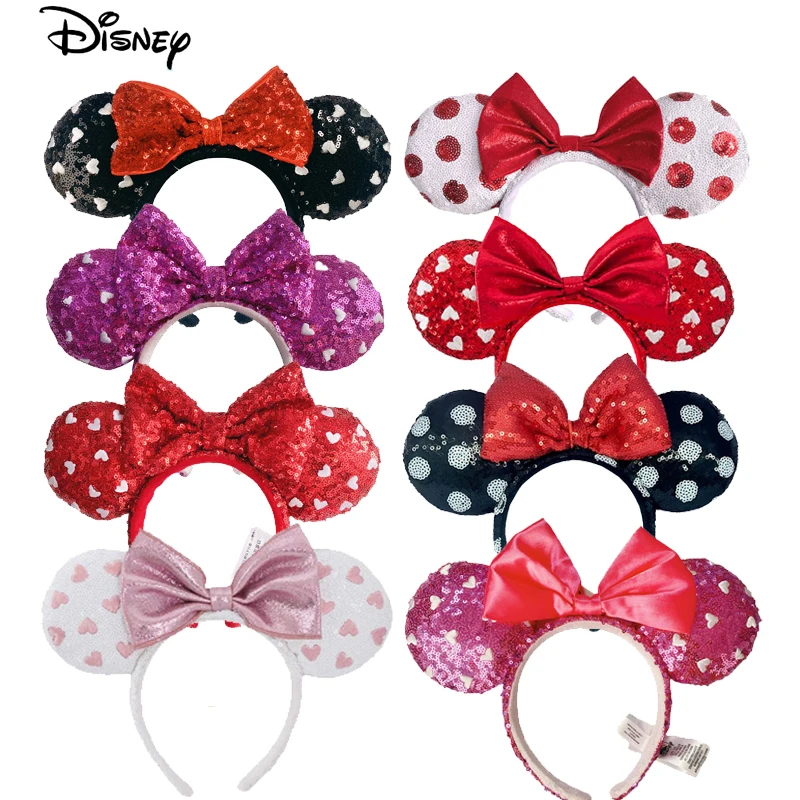 Disney Mickey Mouse Ear Headband Pink White Loving Heart For Adults Sequins Bow Headband Minnie Park Accessories Headwear