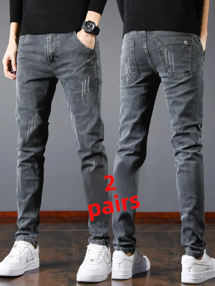 

Мужские джинсы приталенного кроя, высокоэластичные, длинные брюки, весна-осень, новая модная коллекция, молодежные, из смесового хлопка и полиэстера, прямой крой