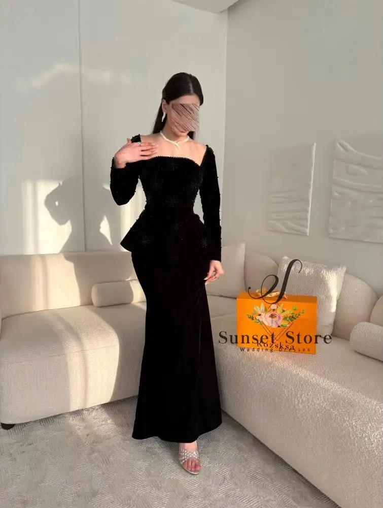 Customized Elegant Square Neck Evening Peplum Gown with Beaded Details Formal Party Prom Wedding Guest Outfit with Long Sleeve