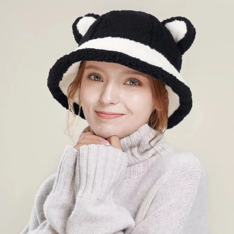 

Plush Thick Bucket Hat Cute Cartoon Bonnet Soft Breathable Fisherman Hat Unisex Warm Basin Hat for Outdoor Adventure