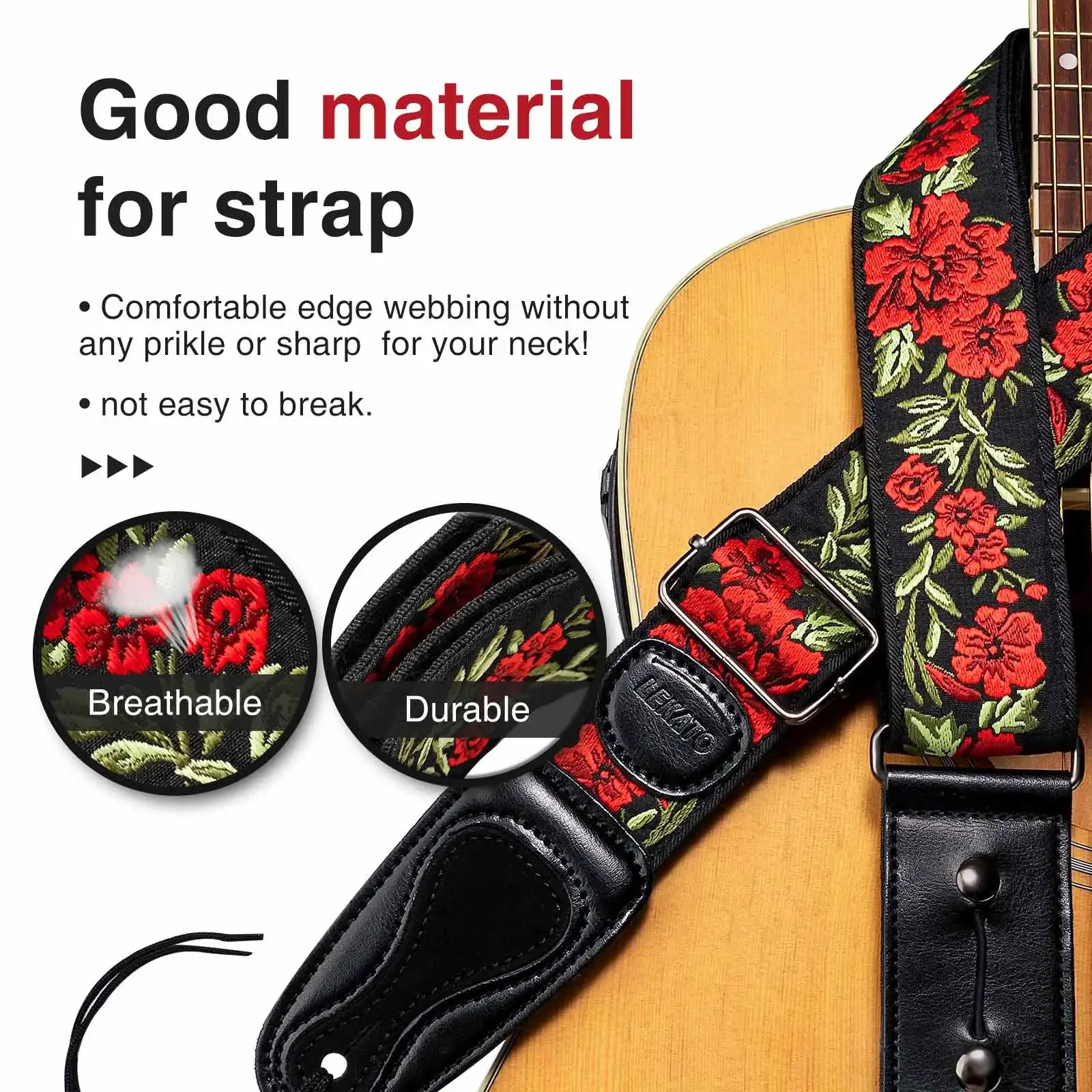 Tracolla per chitarra Lekato con/6 plettri e 2 serrature - per chitarra elettrica, acustica, basso - Hardware in legno (Lgs-6)