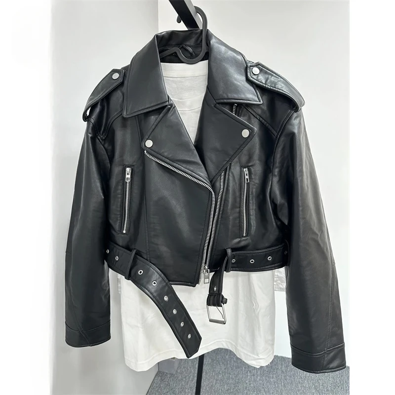 

Bonny Women's Washed Leather Jacket Vintage Lapel Short Coat with Detachable Belt and Distressed Zipper Charcoal Grey