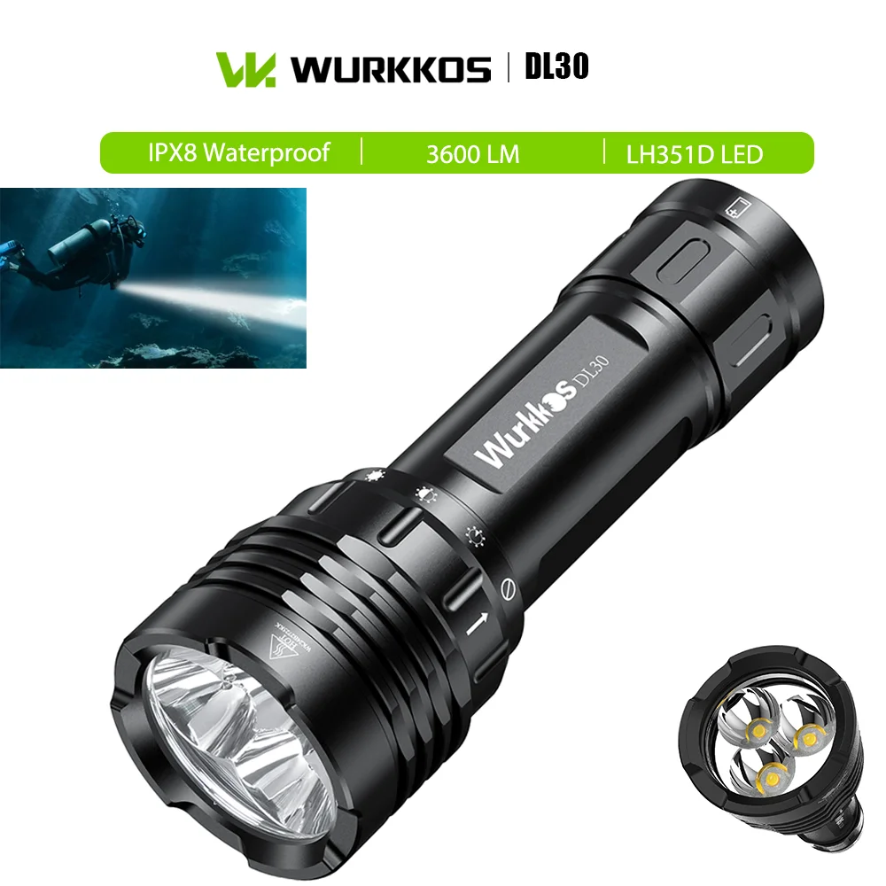 

Wurkkos DL30 3600LM Professional Diving Flashlight 3 Modes 90+ CRI 5000K Torch with IPX8 Waterproof for Diving Exploration Cave