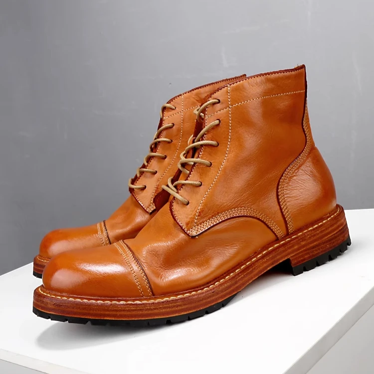 New British Style Derby Ankle Boots Men High End Thick Sole Height Increase Genuine Leather Work Motorcycle Boots Male Shoes