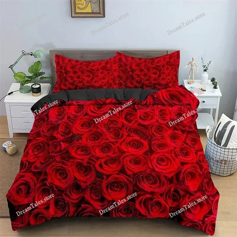 Floral Duvet Cover Set Full Size 3D Red Rose Bedding Set Microfiber Romantic Flowers Quilt Cover Wedding Valentine's Day Decor74