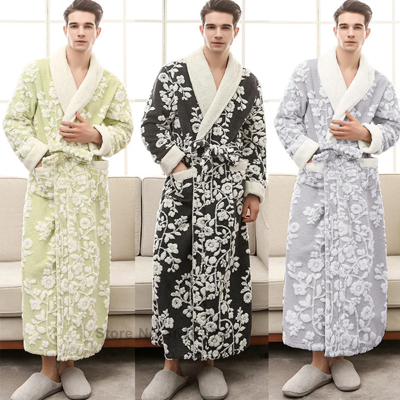 Couple Fleece Coral Bathrobe Sleepwear Loose Kimono with Pocket Winter Warm Nightwear Peignoirs Thicken Flannel Bath Gown