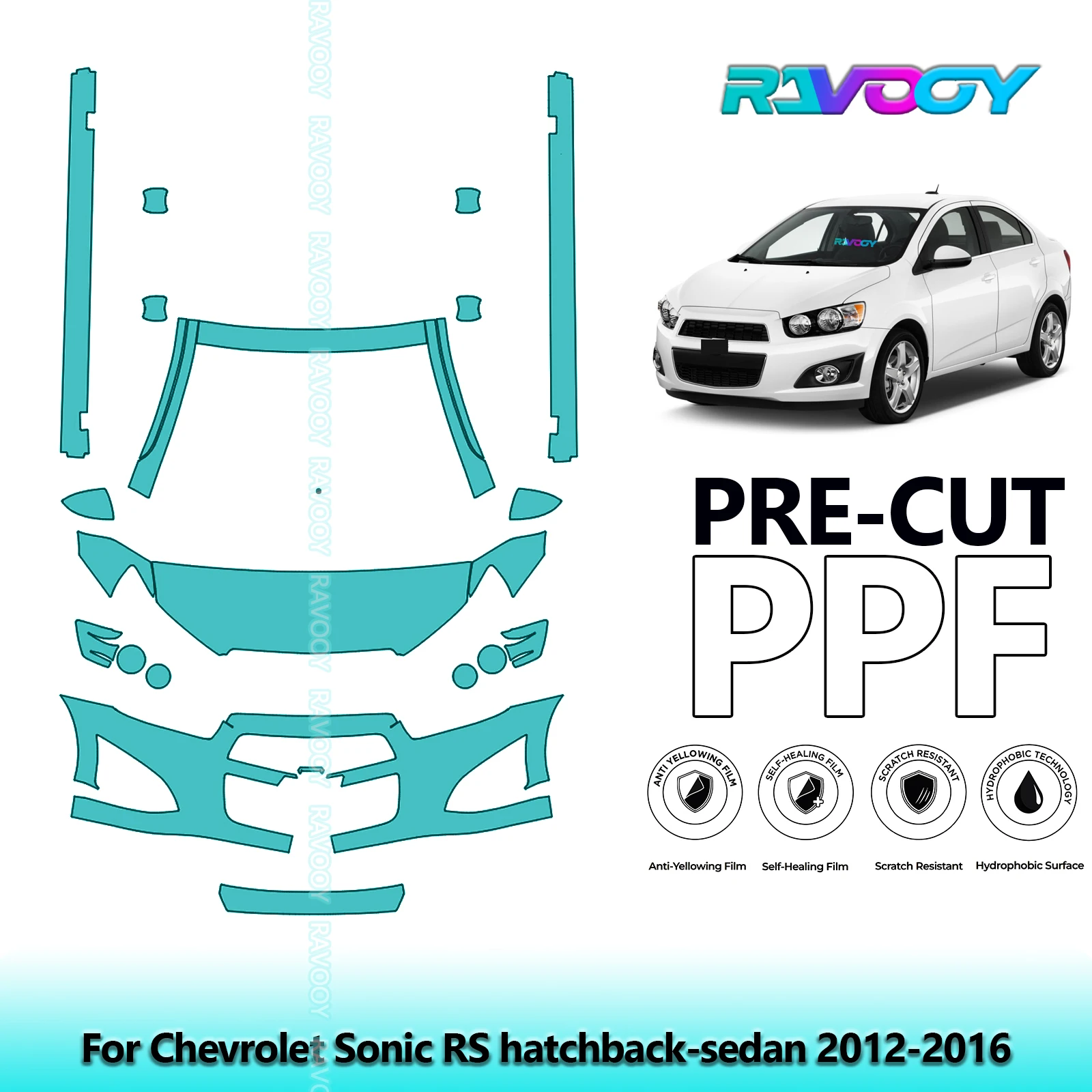 RAVOOY 8.5Mil Custom-Fit Precut TPU PPF Front Kit+Rockers Clear Bra Stone Guard For Chevrolet Sonic RS hatchback-sedan 2012-2016