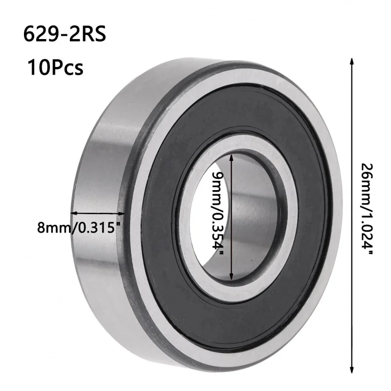 10Pcs 629-2RS Deep Groove Ball Bearings, ID 9mm x OD 26mm x Width 8mm, Double Rubber Sealed, 629 RS Pre-Lubricated Bearing