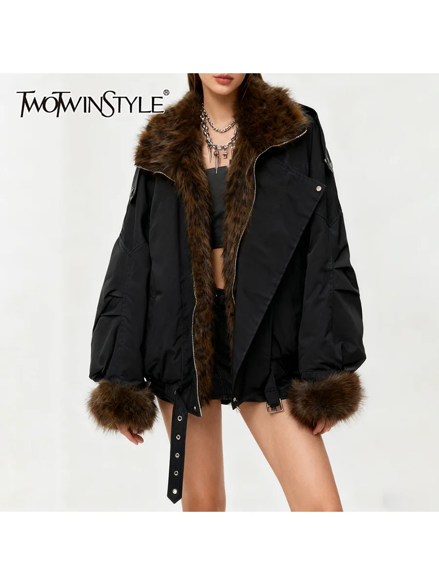 

TWOTWINSTYLE однотонные свободные модные куртки с леопардовым мехом для женщин, повседневная куртка с лацканами и длинными рукавами в стиле пэчворк Ipper, женская