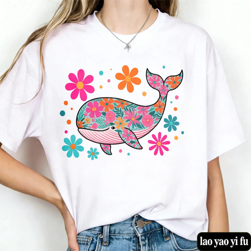 Floral Whale T Shirt Retro Summer Beach Design Women Clothes Pattern Printed Casual Cotton Tops Holiday Tops Women Clothes