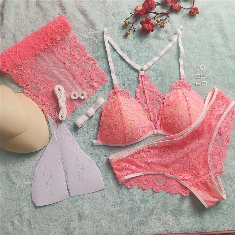 2023 Handmade Underwear Set With Elastic Lace And lace Fabric Shoulder Buckle Cup Cover Yarn Handmade DIY