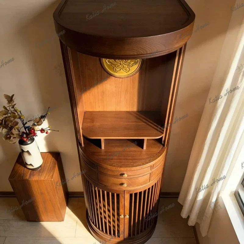 PG  new Chinese solid wood Buddhist cabinet Chinese traditional offering cabinet round storage Zen lotus casket