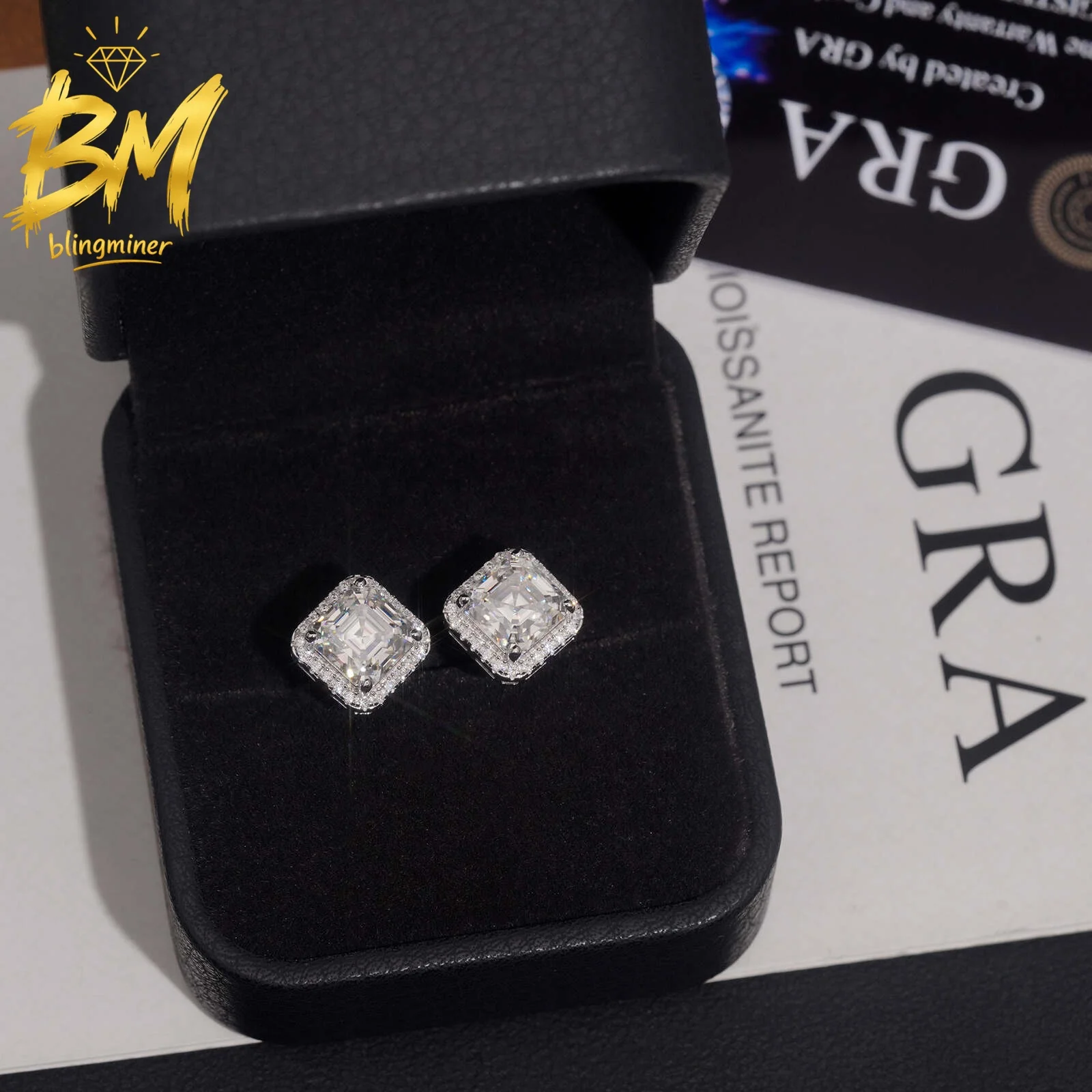 Blingminer 7mm Asscher Cut VVS Moissanite Earrings For Men Women S925 Silver Ear Studs Jewelry Pass Diamonds Tester Free Shippin