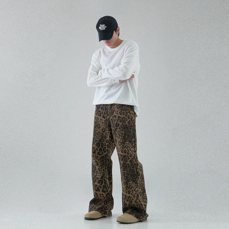 

Мужские модные джинсы в стиле хип-хоп High Street, мужские леопардовые свободные прямые джинсовые брюки, винтажные молодежные популярные повседневные уличные брюки