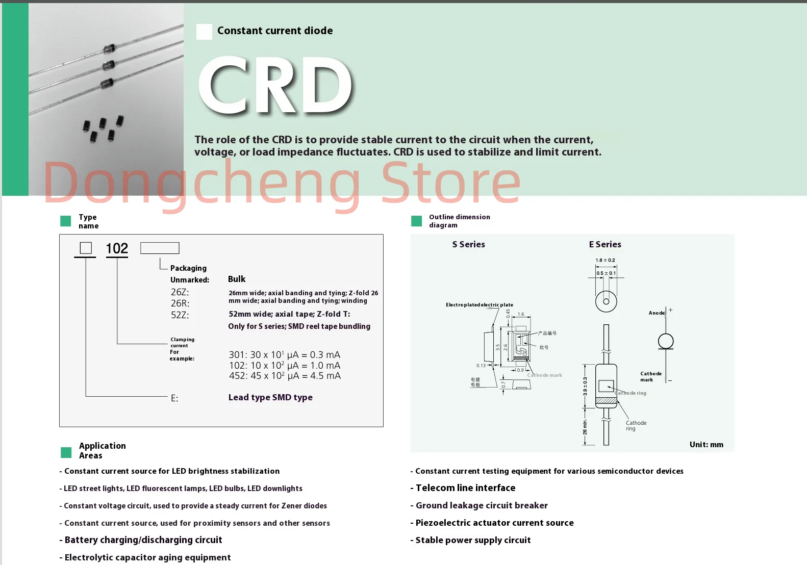 3-10 Current Regulative Diode CRD 100V 1.0mA 1.5mA 2.0mA 2.7mA 3.5mA 4.5mA 5.6mA Reverse Voltage Withstand E102 E152 E272 E562