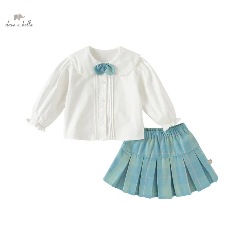 Dave Bella Children's Suit 2024 New Spring Girl's Two-Piece Pleated Skirt Knit Casual Fashion School Academic-Style DB1248609