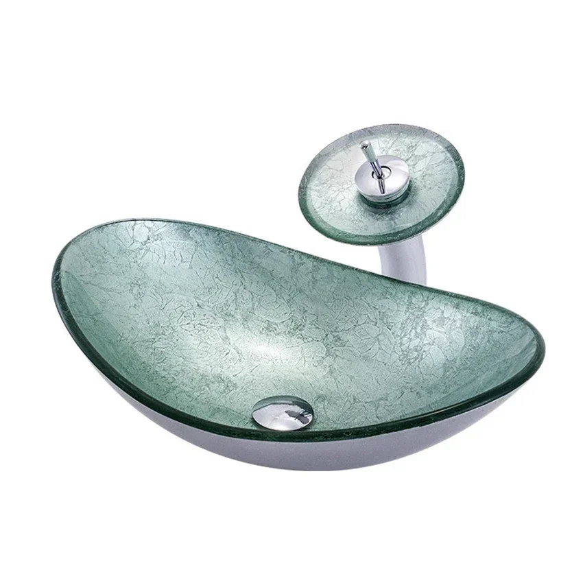 Oval Bathroom Tempered Glass Washbasin Handpainting Bowl Sink Lavatory Basin Combine Brass Swivel Spout Faucet Art Wash Basin