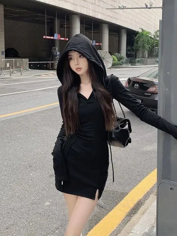 Spring Autumn Fashion New Korean Style Soft Girl Tight Sexy Wrapped Hip Skirt Women\'s Hooded Long Sleeved Solid Color Dress A6NT