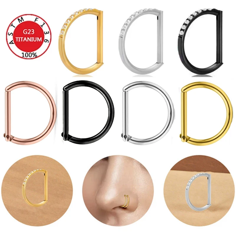 Anillo de titanio ASTM F136 para nariz, Piercing en forma de D para tabique, anillo de segmento, joyería Clicke, pendientes de nariz CZ, labio para medio anillo de cartílago