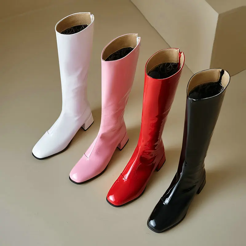 Casual Patent PU Leather Plus Size 33-46 Round Toe Square Chunky High Heel Red White Black Knee-high Western Cowboy Women Boots