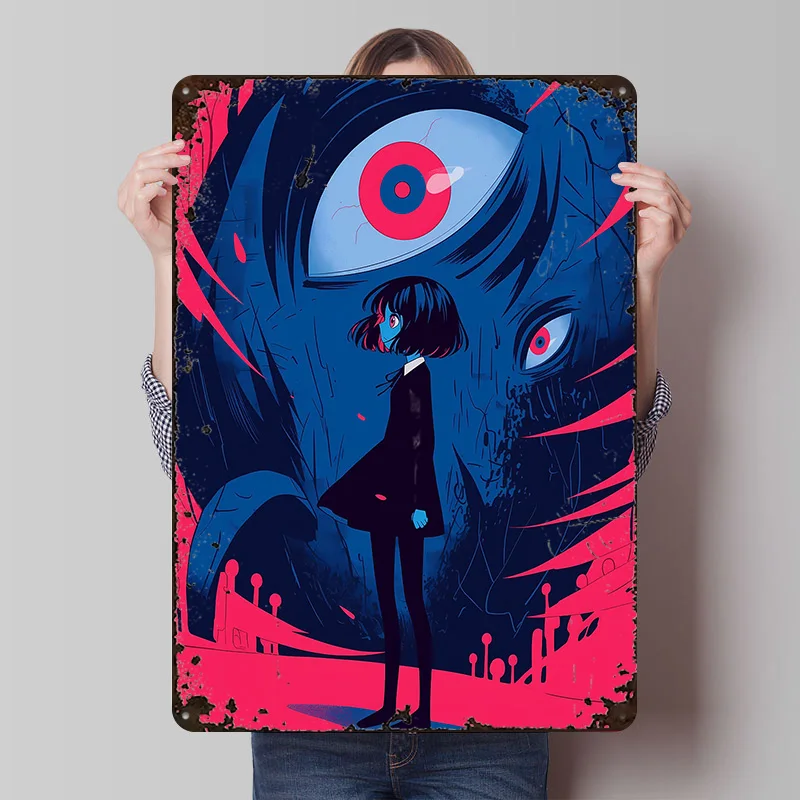 Anime-Mädchen mit riesigen Augen, Monster-Metallposter, individuelle Wandkunst, Retro-Vintage-Blechschilder für Raumaccessoires, Hausdekoration