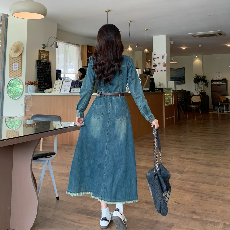 Plus Size Denim Dress Women\'s Casual Long Sleeve Jeans Robe Autumn Winter Female Vestidos with Belt Clothes KE9180
