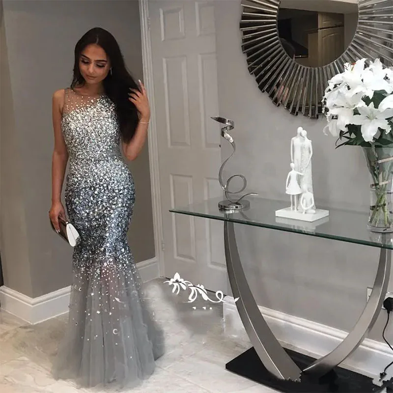 

Glittering Mermaid Prom Dresses Boat Neck Sleeveless Crystal Beaded Tulle Mermaid Evening Dress Formal Gowns