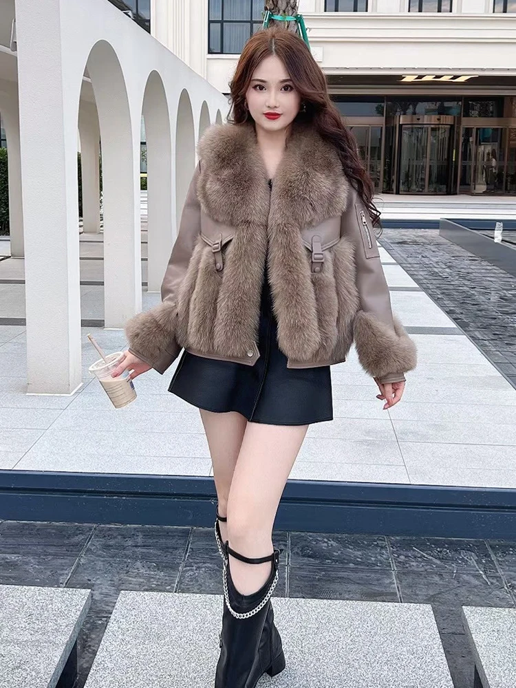 2024 New Winter Natural Fox Fur Coat Jacket Women Goose Down Jacket Real Genuine Leather Luxury Thick Warm Female Coats