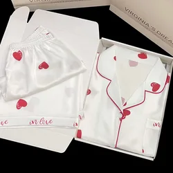 Women Pajamas Sets Summer 2 Piece Heart Print Pyjama Faux Silk Satin Buttons Sleepwear Short Sleeve Pijama Mujer Pjs Homewear