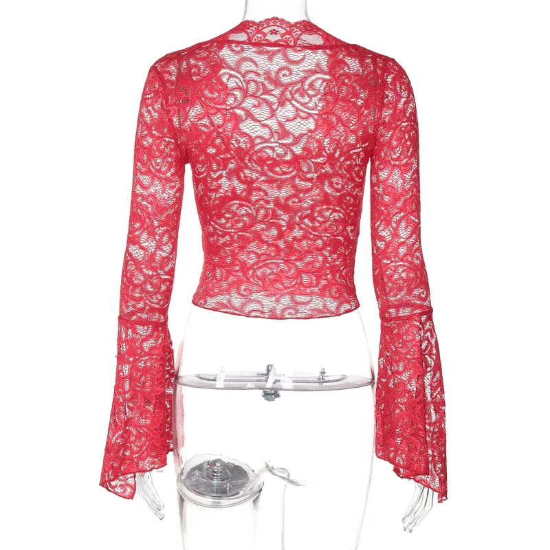 2026 frühling Sommer Langarm Crop Tops Frauen Club Durchsichtig Spitze Bodycon Schwarz Y2K T-Shirt Weibliche V-ausschnitt Kurze T-shirt Tops – Detail 26