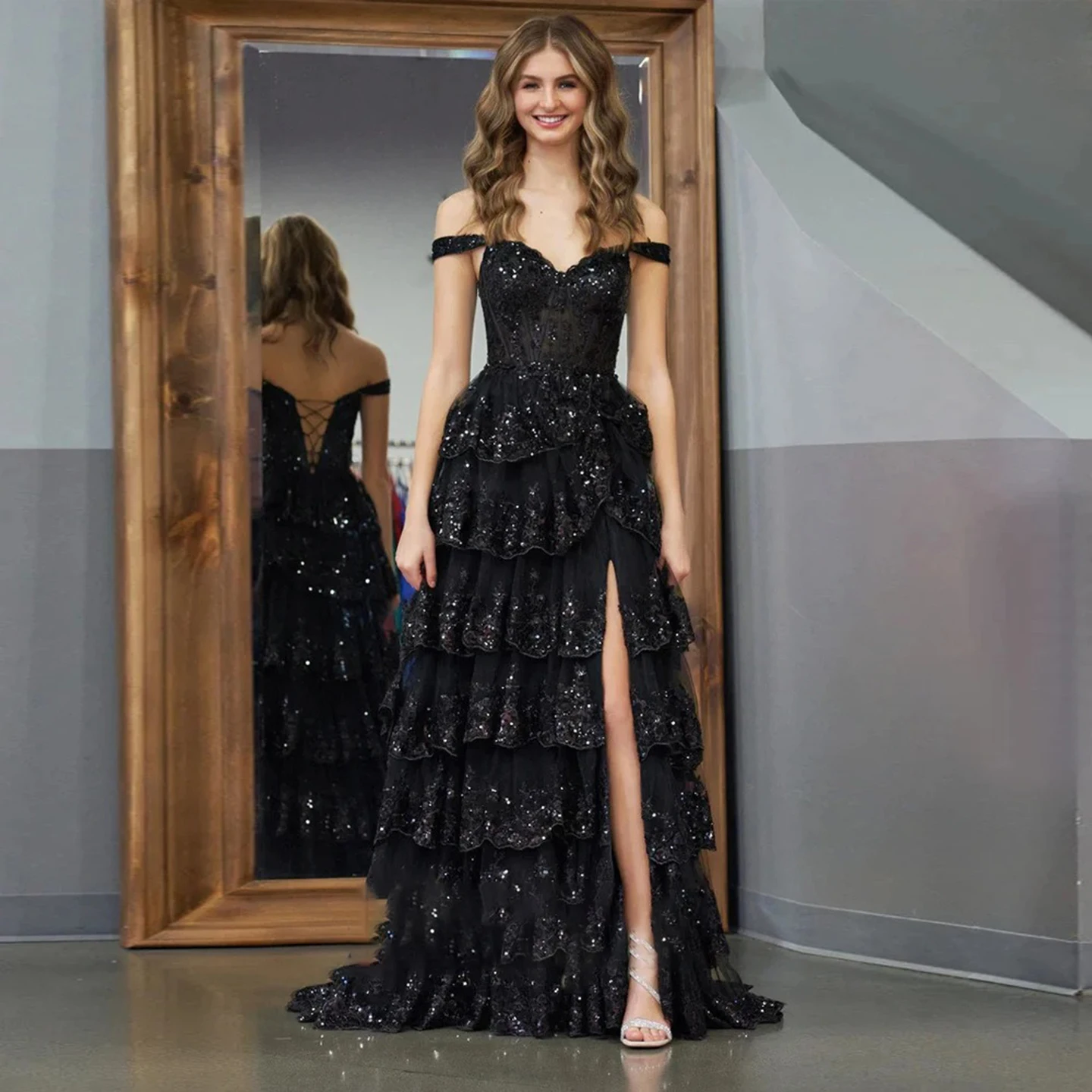 

Off the Shoulder Sequin Tiered Evening Dress Side Slit Prom Dress A-line Ruffle Layers Party Dress for Wedding Guest Dress