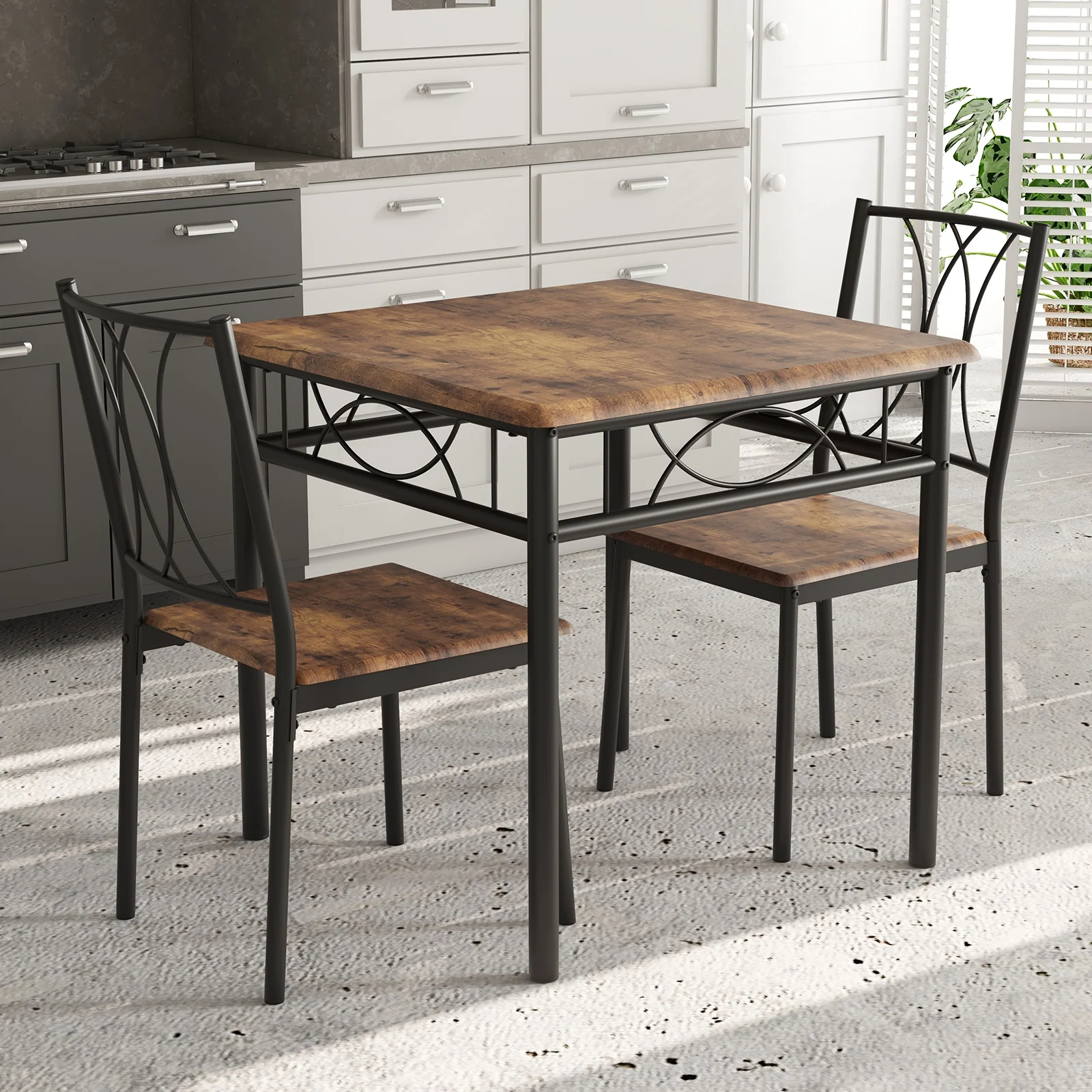3-Piece Dining Room Table Set for 2, Industrial Wooden Kitchen Table and 2 PU Leather Padded Chairs with Metal Frame for Small Space, Apartment, Kitchen