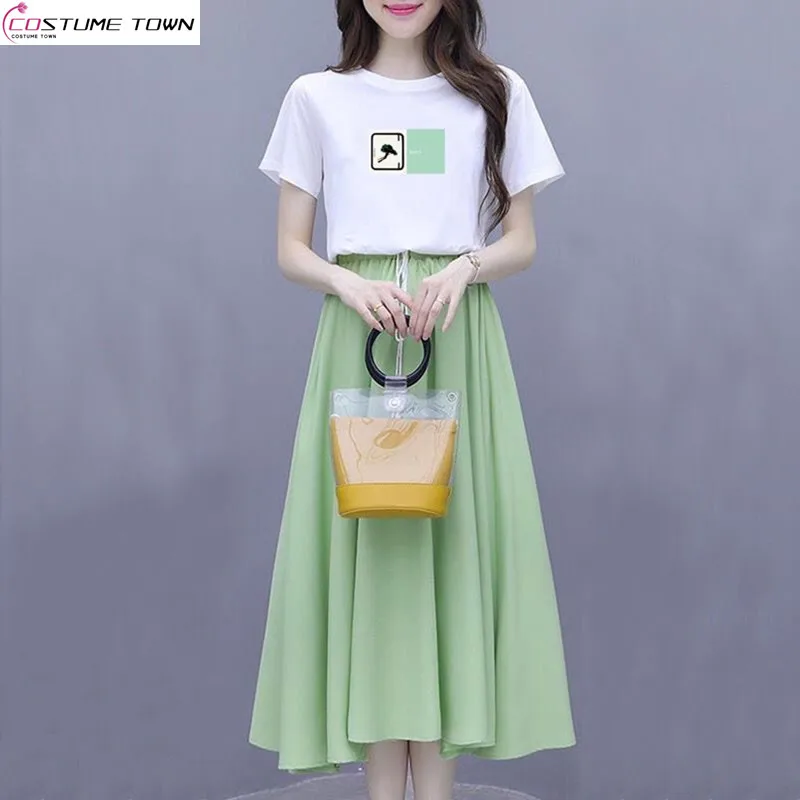 2024 Spring/Summer Korean Edition New Fruit Green French Retro Dress Women's Summer Two Piece Set Skirt Sweet Style