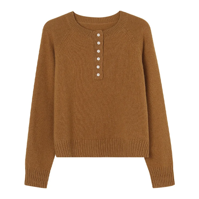 Knitted Wool Cropped Henley Sweater Raglan Sleeve Jumper