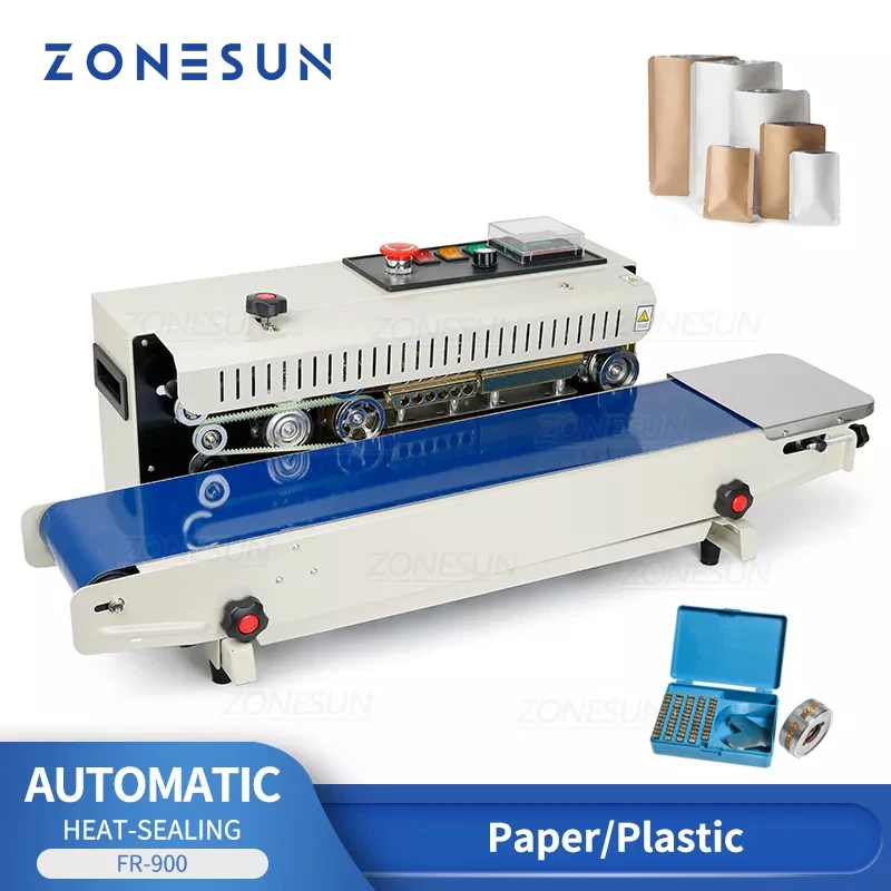 ZONESUN Automatic Continuous Band Sealer Plastic Bag Sealing Machine Tabletop Bag Sealer Pouch Heat Sealing Equipment ZS-FR900