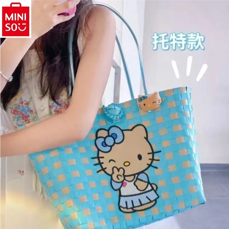 MINISO Hello Kitty High Quality Woven Handmade Large Capacity Vegetable Basket Bag for Women Sweet and Versatile Beach Bag