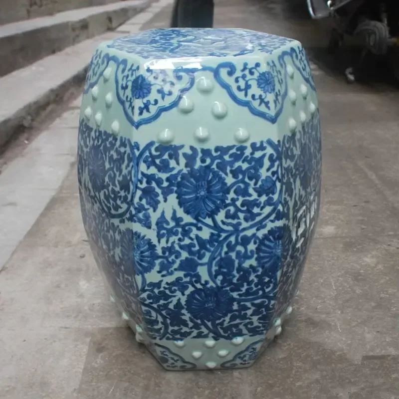 Hand Painted Blue White Floral Ceramic Stool Porcelain Garden Seat Chinese Style Vanity Bench Outdoor Patio Decor Furniture