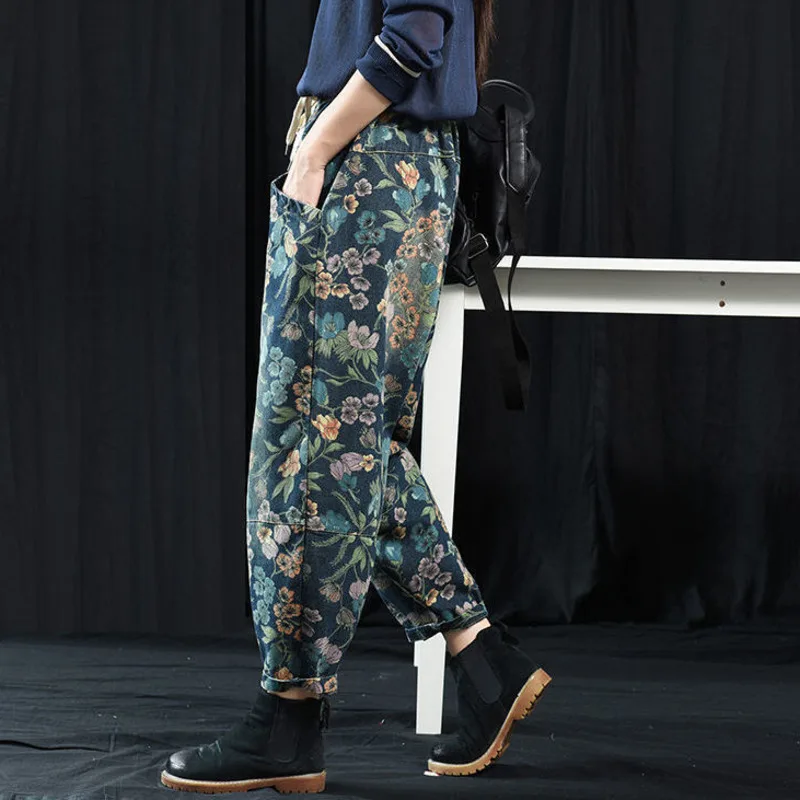 Casual Denim Harem Pants For Women Loose High Waist Baggy Jeans Spring Autumn Vintage Floral Print Trousers