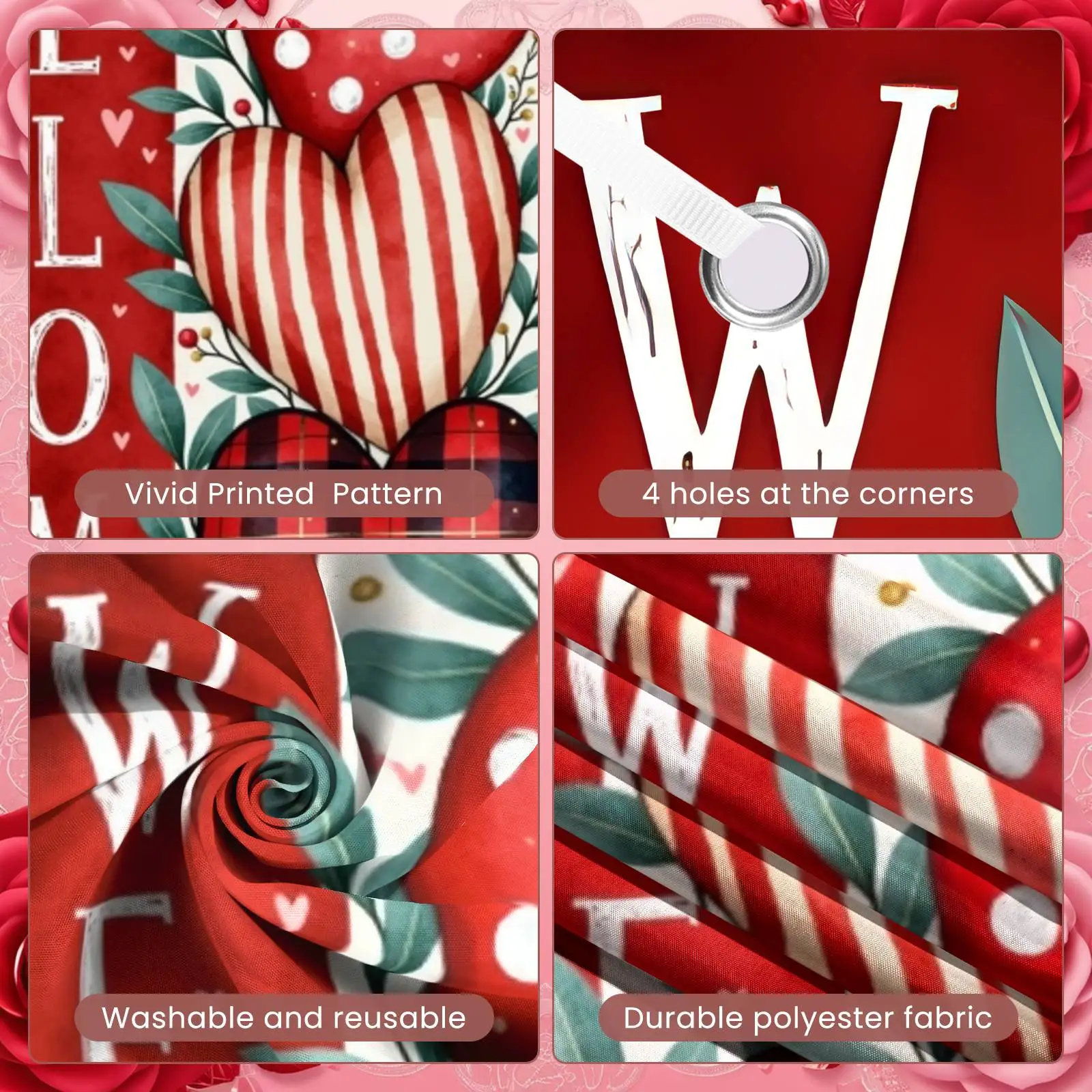 Heart Display Polka Dot Pattern Welcome Door Cover Heart Backdrop Green Leaf Accent Welcome Banner For Valentine's Day Home