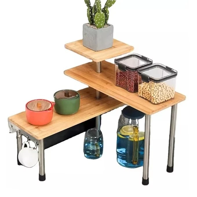 

Corner shelf bamboo storage spice rack, three-layer desk organizer that saves space, used in kitchens, bedrooms, and offices