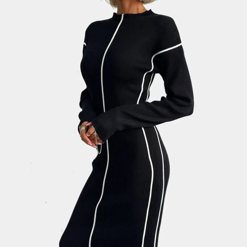 TARUXY Elegant Line Knitted Dress For Women Slim Fit Hip-Covering Long Sleeve Round Neck Long Dresses 2024 Autumn Commuting New