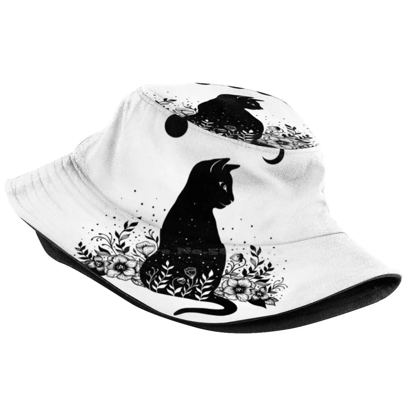 Night Garden Cat Sun Cap Fisherman Hat Bucket Hats Night Garden Moon Phase Moon Light Moonshine Flower Pet Kitty Black Cat