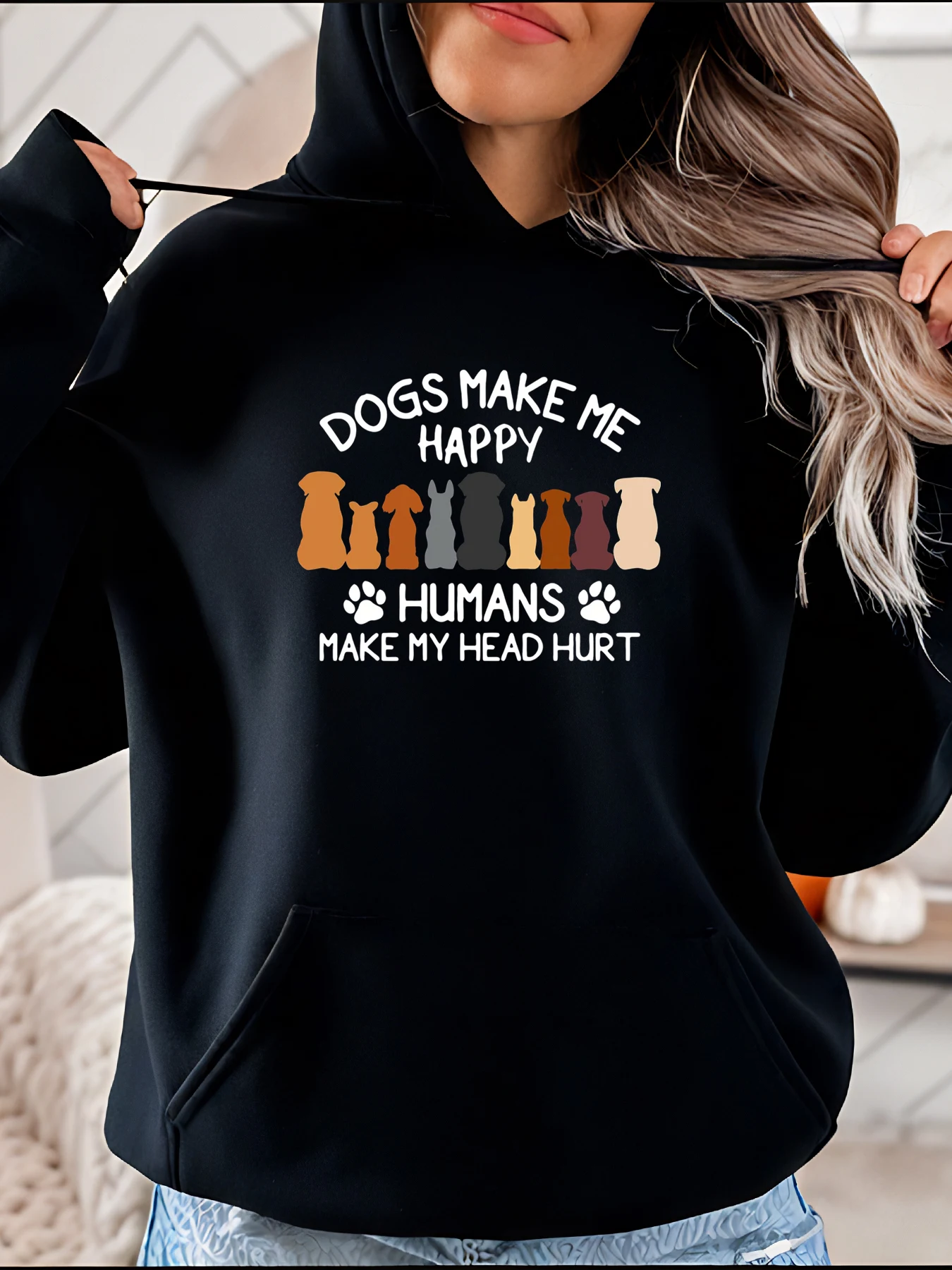 Felpa con cappuccio con stampa silhouette di cani stile casual con stampe di zampe e design di testo per gli amanti dei cani da indossare tutti i giorni