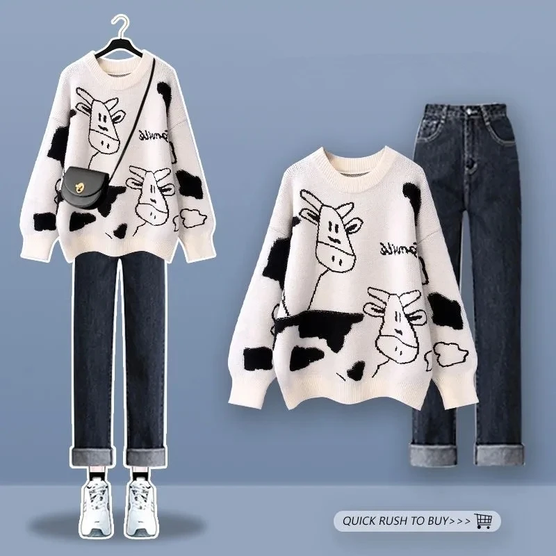 Women Autumn Winter Cute Cartoon Knit Tops Black Pants 1 or Two Piece Set Korean New Student Casual Loose Sweater Trousers Suits