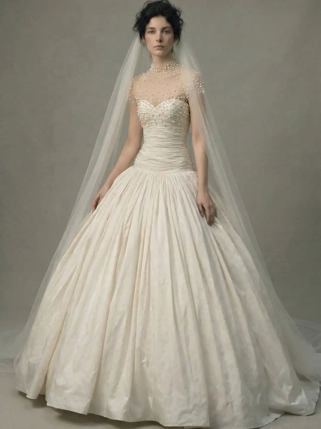 

Customized Luxury Ivory Pearl Embellished Wedding Gown High Neck Illusion Mesh Ruched Ball Gown Long Train Bridal Dress New