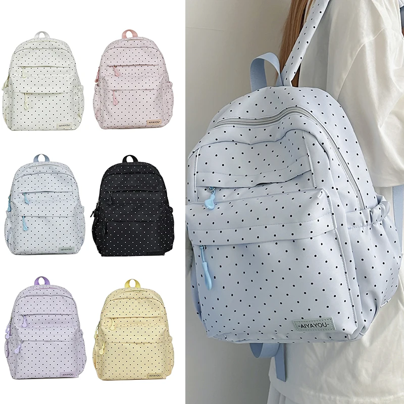 Cute Polka Dot Travel Backpack Large Capacity Bookbag Lightweight Bookbag for Female Elementary & Middle Students