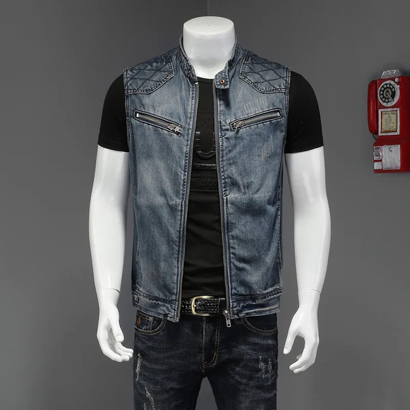 men\'s denim jacket motorcycle vest retro fashion handsome motorcycle riding clothes high street trend denim vest men\'s clothing