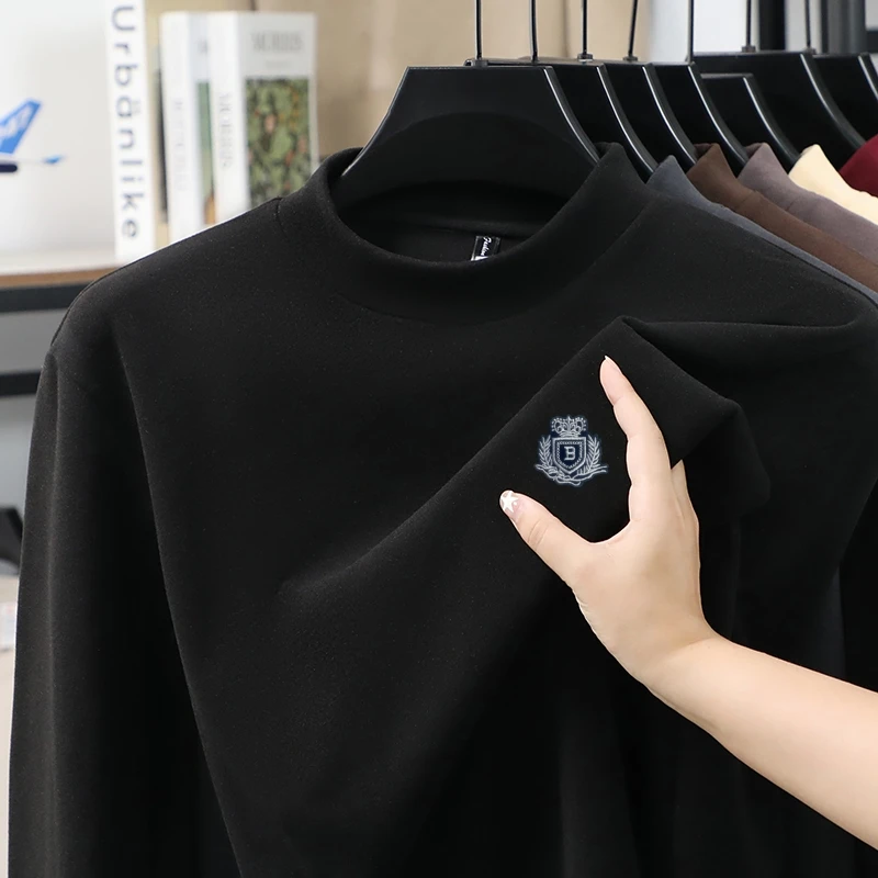 

Luxury Design Wheat Ear Embroidery Men's T-shirt Winter Velvet Warm Long-sleeved Mock Neck Base Shirt Fashion Trend Men's Wear
