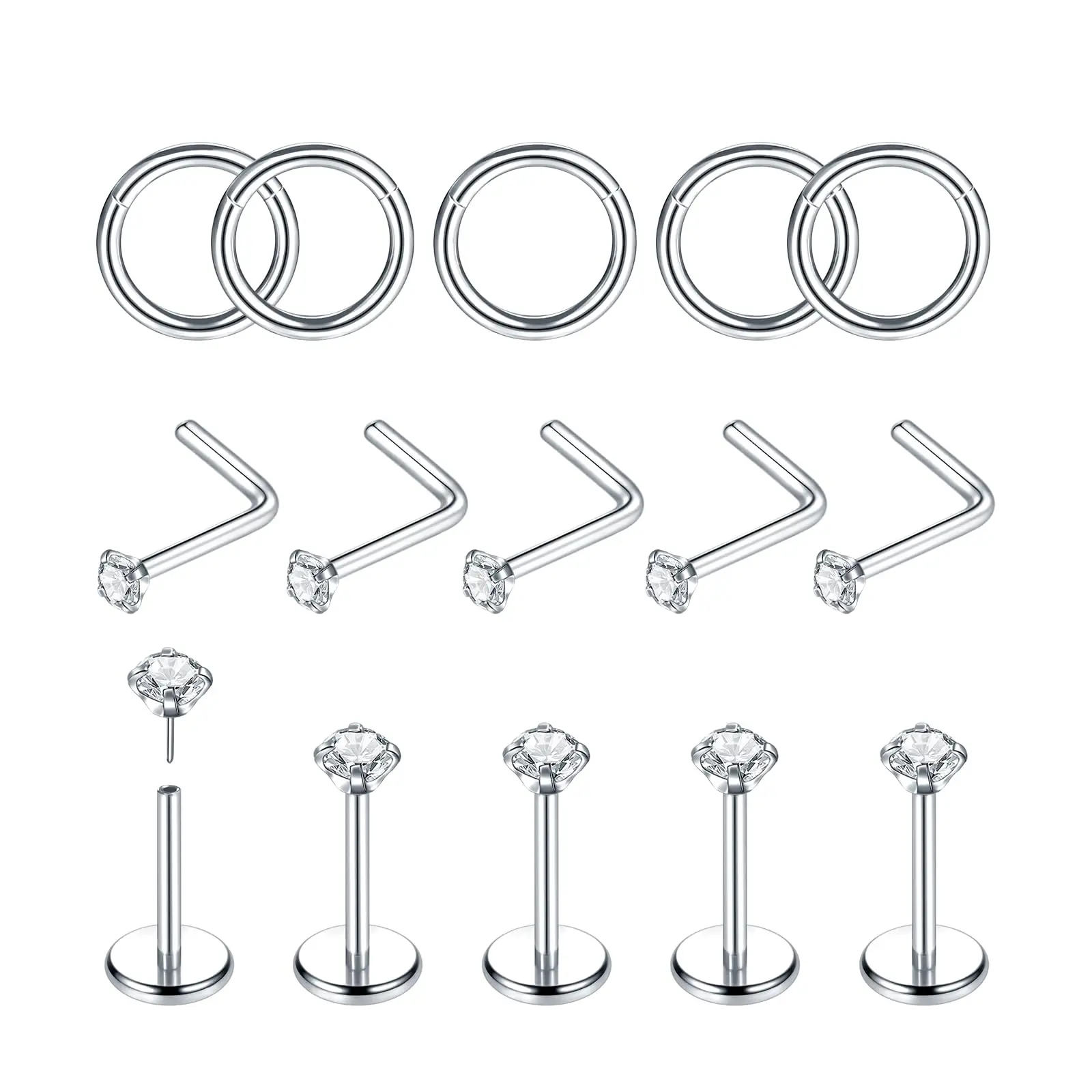 15Pcs 16G Nose Rings Hoop L Shaped 20G Nose Studs Stainless Steel Double Nose Ring for Women Nose Lip Piercings Jewelry