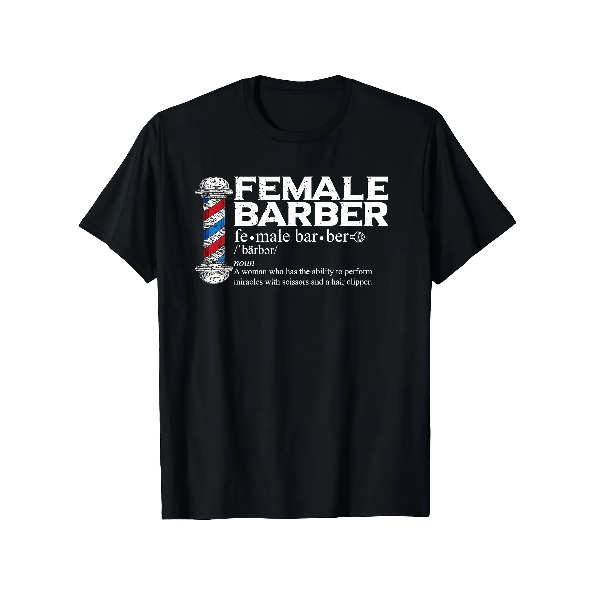 Female Barber Graphic Tee Men's Cotton T-Shirt Barber Pole Hair Stylist Gift Casual Daily Top
